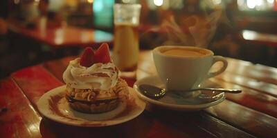 Cozy cafe setting with dessert and coffee served in a warm evening atmosphere photo