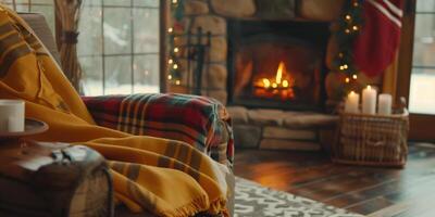 Cozy winter interior featuring a warm fireplace and inviting seating area photo
