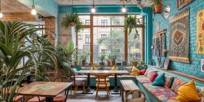 Cozy cafe interior with colorful cushions and vibrant decor, inviting relaxation in the afternoon photo