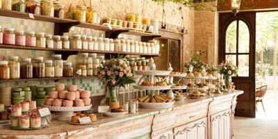Charming cafe interior with a display of pastries and jars in a cozy setting photo