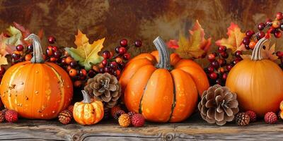 Colorful autumn decorations with pumpkins and pinecones on a wooden table photo