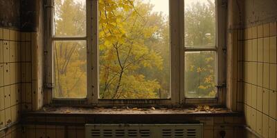 Autumn leaves viewed through a vintage window in a cozy interior photo