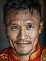 Portrait of a man in a traditional Chinese outfit with detailed expression photo