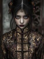 Portrait of a young woman in traditional Chinese attire with intricate patterns and bold expression photo