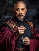 Portrait of a man in traditional Chinese attire holding a sword in a dramatic setting photo