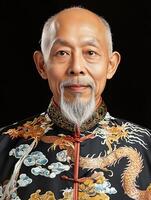 Portrait of an elderly man in traditional Chinese outfit with intricate designs photo