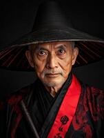 Portrait of a Chinese elder in traditional attire with a conical hat photo