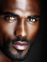 Captivating portrait of a Black individual in traditional attire with striking golden eyes photo