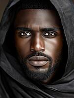 Portrait of a black man in a traditional outfit with striking features and intense gaze photo