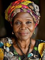 Vibrant portrait of a Black woman in traditional attire with colorful headwrap photo