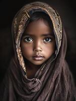 Portrait of a young child in traditional attire with captivating eyes and a serene expression photo