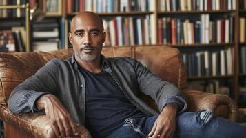 Confident black man relaxing in a cozy library environment with a warm, inviting atmosphere photo