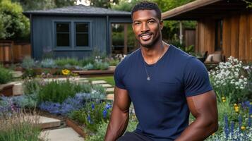 Smiling man in a casual shirt relaxes in a beautifully landscaped garden setting photo
