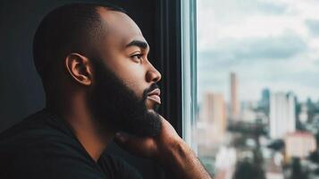 Thoughtful black man gazing out the window in a modern urban setting during twilight photo