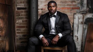 Stylish portrait of a man in formal attire sitting against a rustic background photo