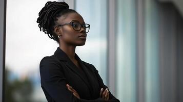 Confident black woman in business attire standing by glass windows in urban setting photo