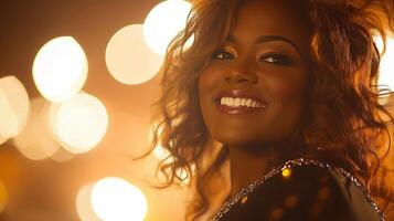 Captivating portrait of a smiling black woman in a warm, illuminated setting at night photo