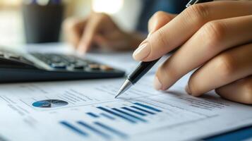 Analyzing financial reports in a modern office setting during the workday photo