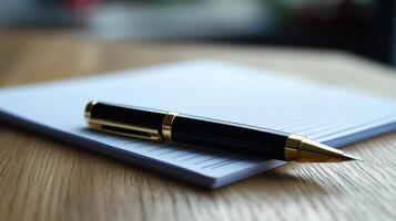 Elegant pen resting on a notepad in a modern office setting during daylight hours photo