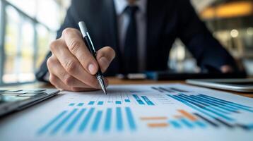 Business professional analyzing data charts in an office setting during work hours photo