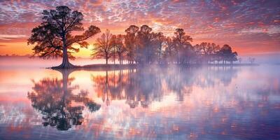 Stunning sunrise over a tranquil lake with mist and reflection of trees in the background photo