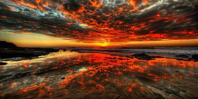 Vibrant sunset reflecting on the beach with dramatic clouds and calm waves photo