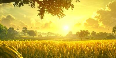 Golden sunrise over lush fields with vibrant clouds and distant trees creating a serene landscape photo