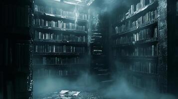 Mysterious dark academy library filled with ancient books and an eerie staircase photo