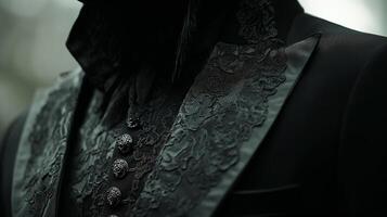 Elegant dark academia outfit featuring intricate textures and details in a moody setting photo
