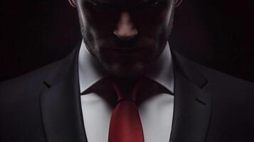 Enigmatic figure in dark attire with a striking red tie in a shadowy setting photo
