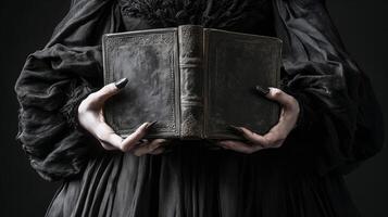 Dark academy figure holding an ancient leather-bound book in a moody setting photo