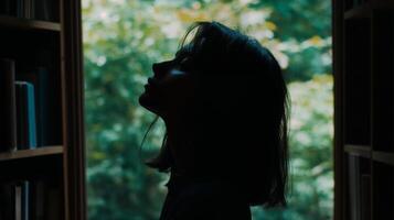 Silhouette of a person in a dark academy library surrounded by nature photo