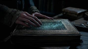 Ancient book reveals secrets under a magic touch in a dark academy setting photo