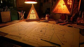 Study of geometric concepts highlighted by warm lighting at a creative workspace photo