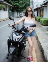 A young woman with long brown hair and wearing a white tank top, denim shorts, and red sneakers stands beside a black scooter on a street. photo