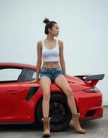 A young Asian woman with a slender physique, wearing a white crop top and denim shorts, sits on a red sports car. photo