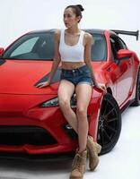 A young Asian woman with a slender physique, wearing a white crop top and denim shorts, sits on a red sports car. photo