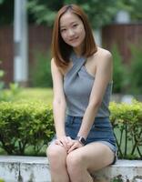 A smiling Asian woman with shoulder-length brown hair, wearing a grey halter top and denim shorts, sits on a bench. photo