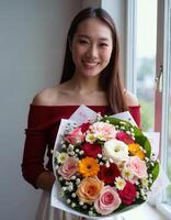 A smiling Asian woman with long hair, wearing a red off-the-shoulder top, holds a colorful bouquet of roses. photo