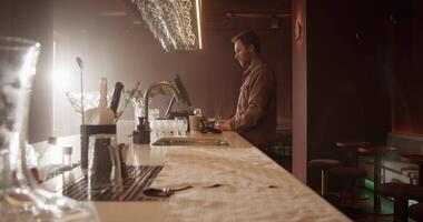 Male bar owner using computer at counter video