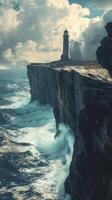 Dramatic Lighthouse on Rocky Cliff Overlooking Rough Ocean Waves, Ideal for Coastal Landscapes, Nautical Themes, Adventure Travel, or Stormy Seascape Photography photo