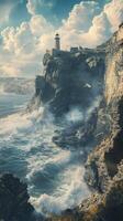 Majestic Lighthouse on Coastal Cliffs with Crashing Waves and Dramatic Sky, Ideal for Nautical Themes, Adventure Travel, Seascape Photography, or Rugged Coastal Landscapes photo