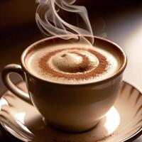 Steaming Cup of Cappuccino with Cocoa Swirl, Ideal for Coffee Shop Advertisements, Food Blogs, Beverage Branding, Morning Routine Promotions, and Cozy Lifestyle Concepts photo