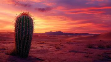 Lone Cactus in Desert at Vibrant Sunset, Ideal for Nature Photography, Desert Landscapes, Tranquil Scenes, and Inspirational Artwork photo