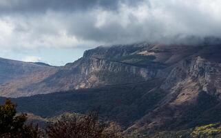 Mountains and forests of Crimea. coniferous and deciduous trees on the hills of mountains and rocks photo
