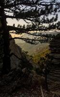Mountains and forests of Crimea. coniferous and deciduous trees on the hills of mountains and rocks photo