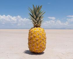 A pineapple sitting on the ground in a desert photo