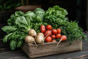 Fresh organic vegetables in a burlap sack photo