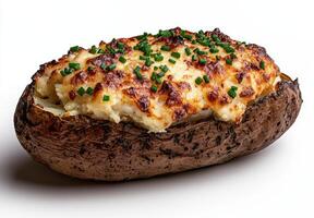 Close up of a baked potato topped with cheese and chives photo