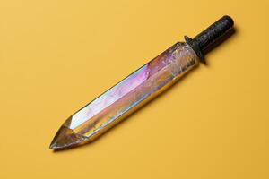 Rainbow crystal sword on yellow background photo